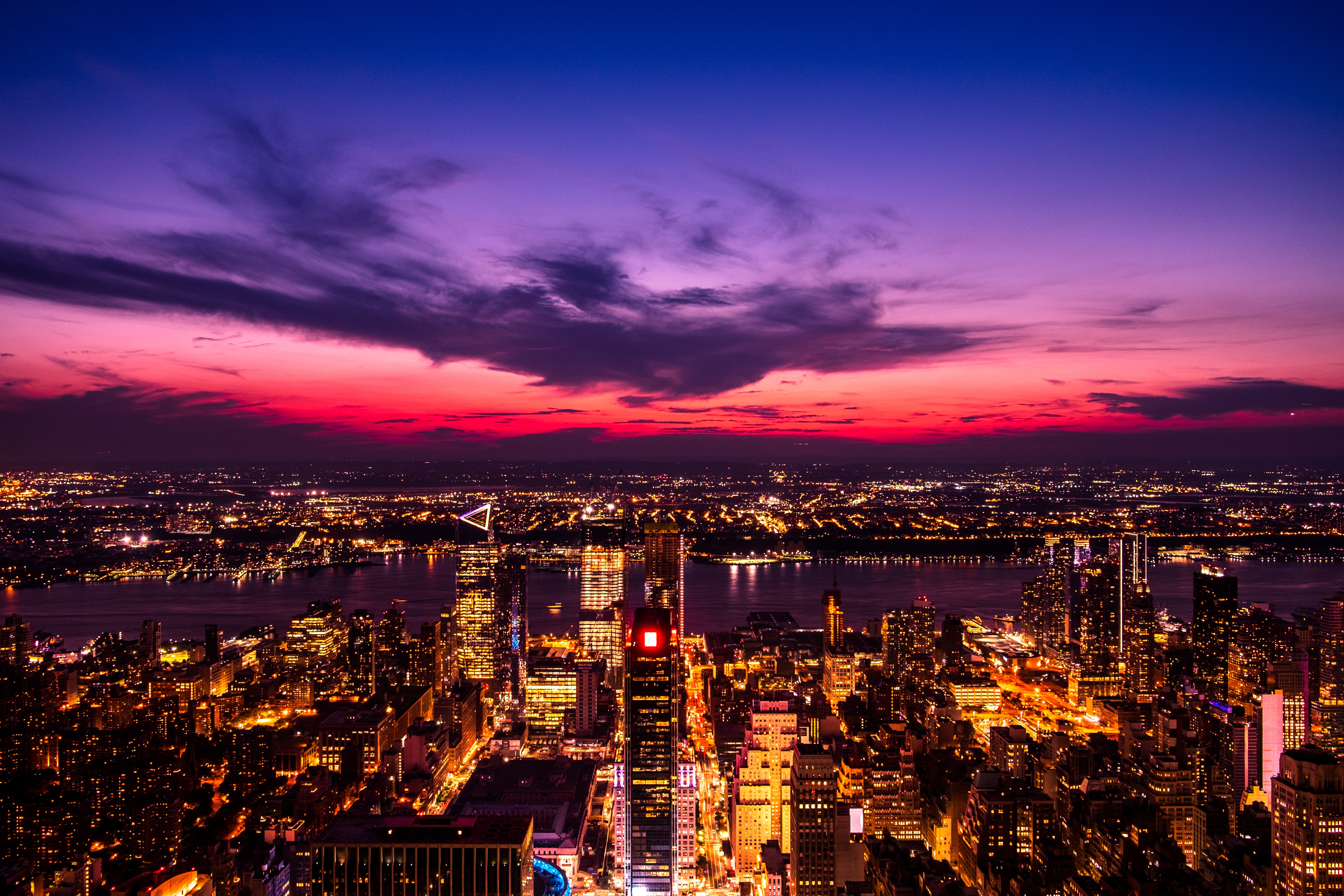 New York City Wallpaper 4K, Twilight, Sunset, Cityscape, City lights